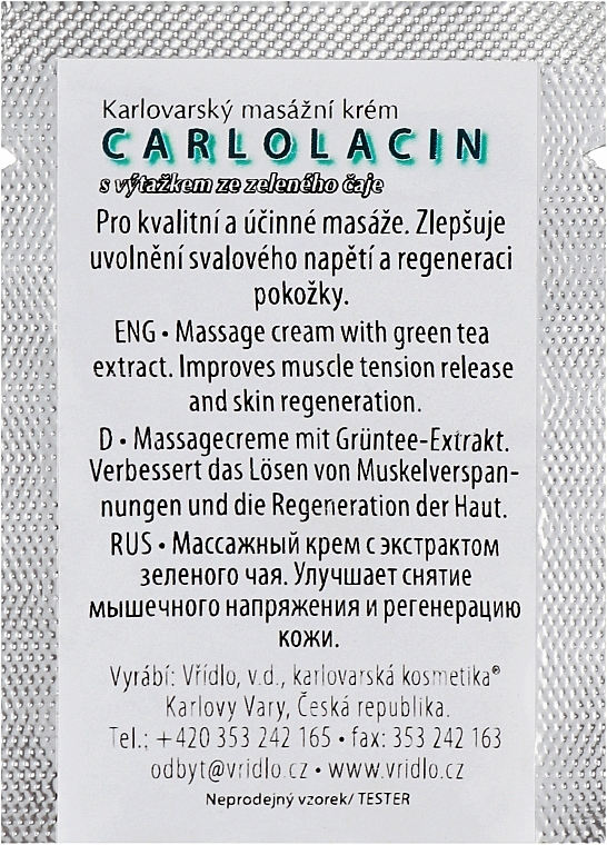 Спеціалізований масажний крем з екстрактом зеленого чаю - Vridlo Карловарська косметика Carlolacin (пробник) — фото N1