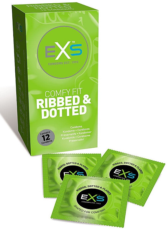 Ребристі презервативи з цятками, 12 шт. - EXS Condoms Comfy Fit Ribbed & Dotted — фото N1