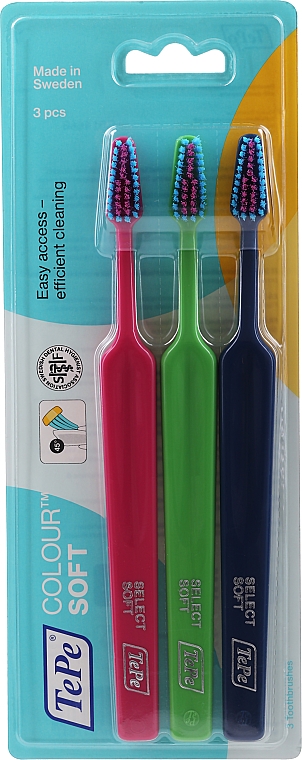 Набір зубних щіток, 3 шт., рожева+зелена+синя - TePe Colour Soft — фото N1