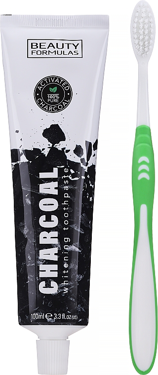 Набір із зеленою зубною щіткою - Beauty Formulas Charcoal (toothbrush/1pcs + toothpaste/100ml) — фото N1