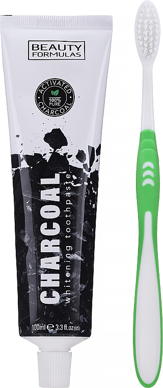 Набор с зеленой зубной щеткой - Beauty Formulas Charcoal (toothbrush/1pcs + toothpaste/100ml) — фото N1