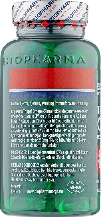 Потрійна Омега-3 з вітамінами - Biopharma Trippel Omega-3 Med Vitamin A, D, Og E — фото N2