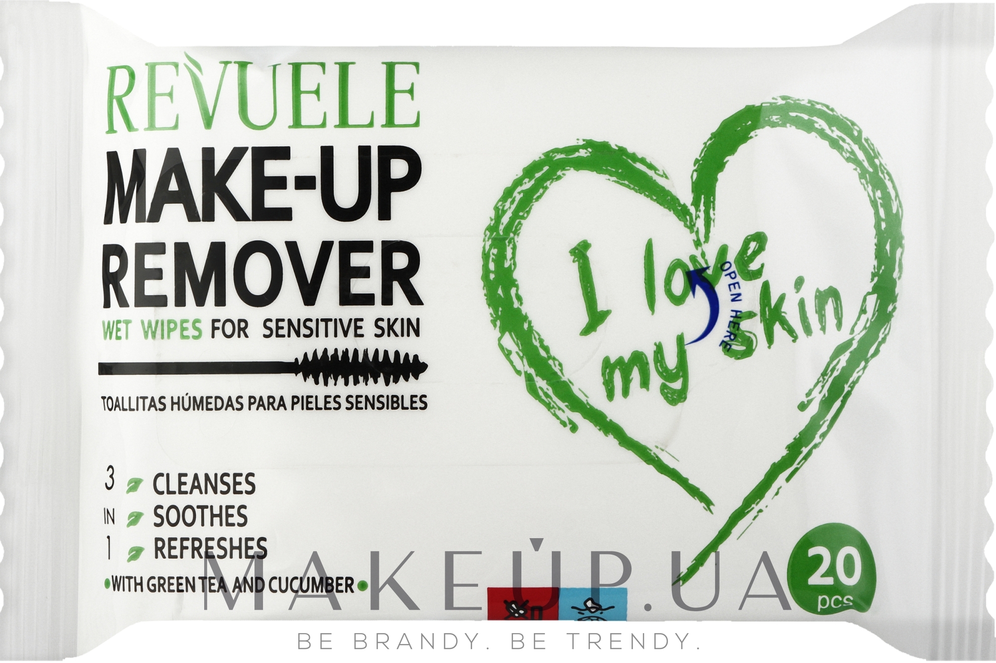 Влажные салфетки для снятия макияжа для чувствительной кожи "Зеленый чай и огурец" - Revuele Make-up Remover I Love My Skin Wet Wipes For Sensitive Skin — фото 20шт