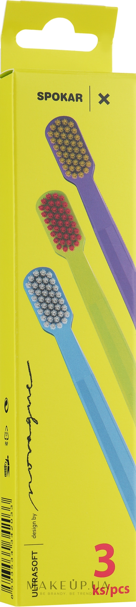 Набор зубних щіток "X", ультрам'які, фіолетово-жовта + салатово-рожева + синьо-біла - Spokar X — фото 3шт