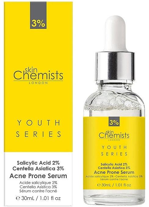 Сыворотка против акне - Skin Chemists Youth Series Salicylic Acid 2%, Centella Asistica 3% Acne Prone Serum — фото N2