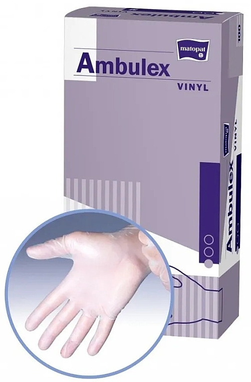 Перчатки смотровые виниловые, нестерильные, опудренные, размер M, 100 шт. - Matopat Ambulex — фото N1