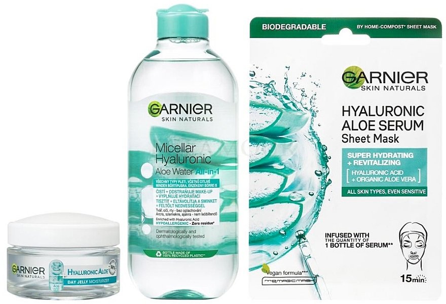 Набор - Garnier Skin Naturals Hyaluronic Aloe (micellar/water/400ml + gel/50ml + mask/28g) — фото N2