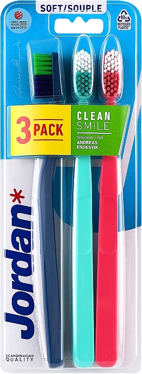 Зубная щетка мягкая, темно-синяя + мятная + розовая - Jordan Clean Smile Soft