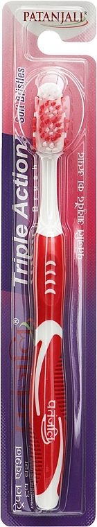Зубная щетка "Тройное действие", красная с белым - Patanjali Triple Action Toothbrush — фото N1