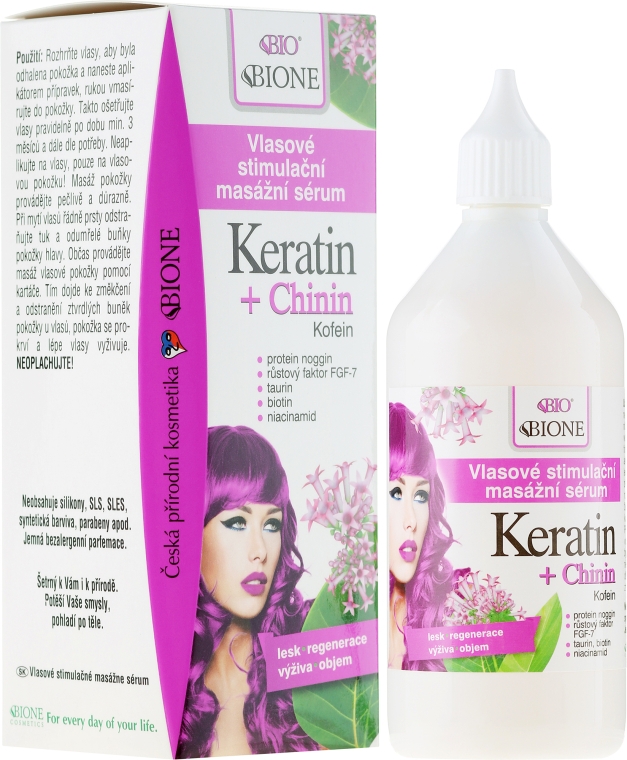 Сироватка для волосся - Bione Cosmetics Keratin + Quinine Stimulating Massaging Hair Serum — фото N1