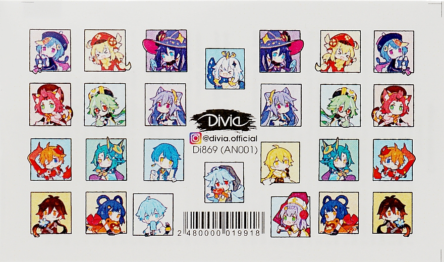 Наклейки для ногтей водные "Аниме", Di869 - Divia Water based nail stickers "Anime", Di869