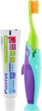 Набор детский "Акула", салатовый + фиолетовый + бирюзовый - Pierrot Kids Sharky Dental Kit (tbrsh/1шт. + tgel/25ml + press/1шт.) — фото N2