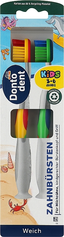 Дитячі зубні щітки, 2 шт., синьо-зелена + червоно-жовта - Dontodent Kids — фото N1