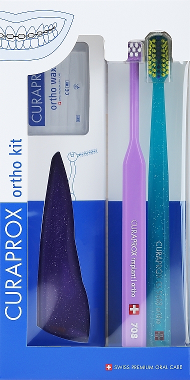 Набор, вариант 39 (сиреневый, бирюзовый) - Curaprox Ortho Kit (brush/1pcs + brushes 07,14,18/3pcs + UHS/1pcs + orthod/wax/1pcs + box) — фото N1