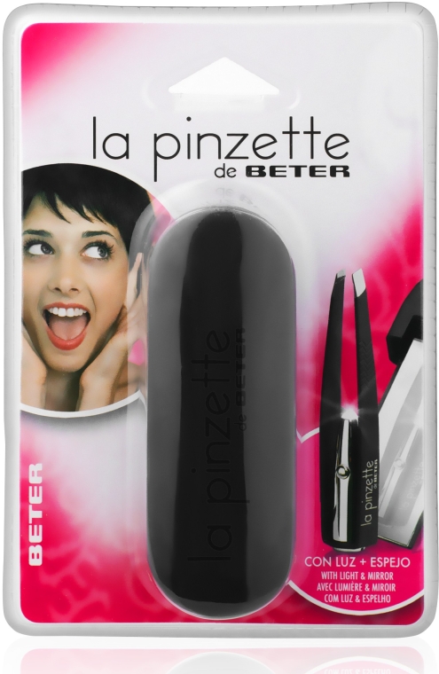 Пинцет для удаления волос с косыми кончиками, с подсветкой и зеркальцем, черный - Beter La Pinzette — фото N1