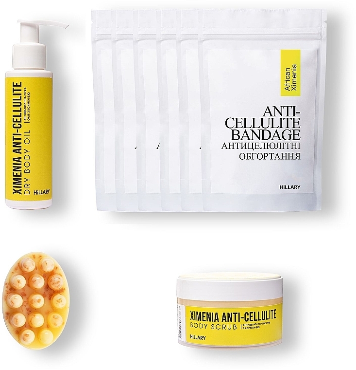Курс для антицеллюлитного ухода в домашних условиях с маслом ксимении - Hillary Ximenia Anti-Cellulite (soap/100 g + scr/200 g + oil/100 ml + bandage/6 pcs) — фото N1