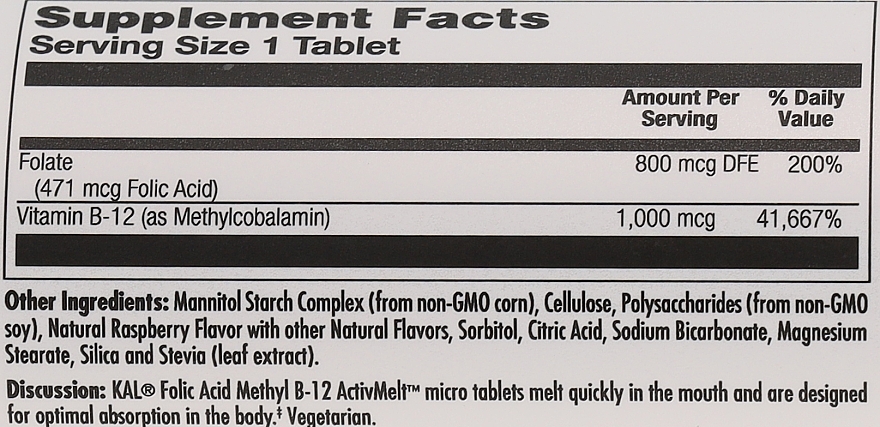 Харчова добавка "Фолієва кислота" 800mcg, малина - Kal Folic Acid Methyl B-12 Raspberry — фото N3