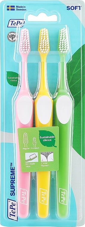 Набор зубных щеток, салатовая + желтая + розовая - Tepe Supreme Soft — фото N1