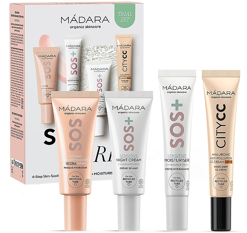 Набір - Madara Cosmetics SOS Care 4-Step Skin-Soothing Routine Set (f/mask/mini/17ml + f/d/cr/mini/15ml + f/n/cr/mini/17ml + cc/cr/mini/15ml) — фото N1