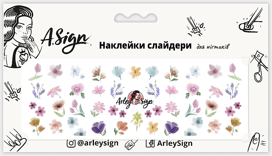 Наклейка-слайдер для нігтів "Акварельні квіти" - Arley Sign