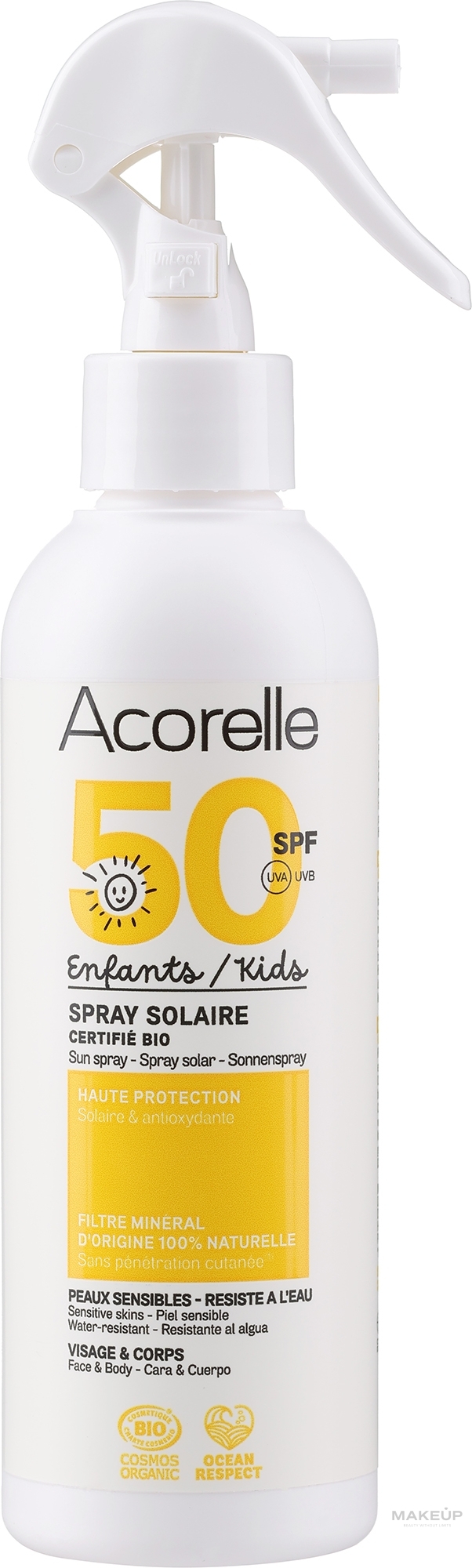 Солнцезащитный спрей для детей, органический - Acorelle Natur Sun Spray Solaire High Protection SPF50 — фото 150ml