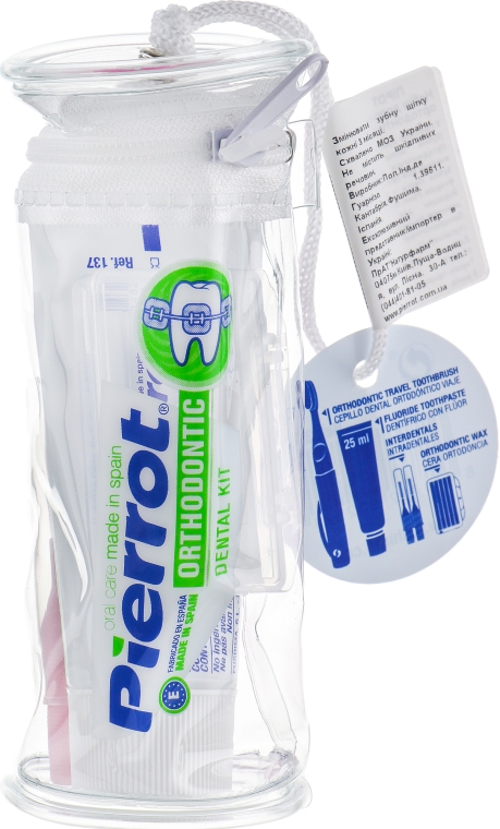 Набор дорожный ортодонтический, розовый - Pierrot Orthodontic Dental Kit (tbrsh/1шт. + tpst/25ml + brush/2шт. + wax/1уп.) — фото N1