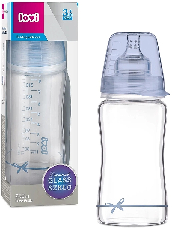 Бутылочка стеклянная "Diamond Glass Baby Shower", 250 мл, 3+ мес., синяя - Lovi — фото N1
