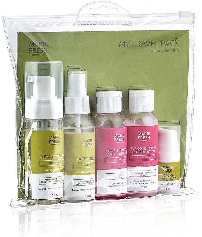 Дорожний набір для проблемної шкіри - Marie Fresh Cosmetics Travel Set for Problem Skin (f/foam/50ml + f/ton/50ml + h/shm/50ml + h/cond/50ml + f/fluid/5ml) — фото N5