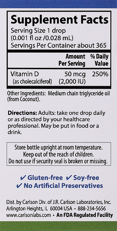 Вітамін D3 рідкий, 2000 мг - Carlson Labs Super Daily D3 — фото N3