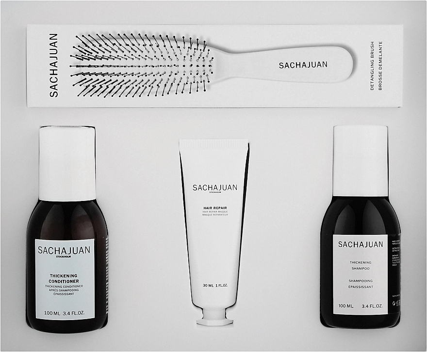 УЦЕНКА Набор для тонких волос - SachaJuan (shmp/100ml + cond/100ml + h/mask/30ml + brush/1pcs) * — фото N1