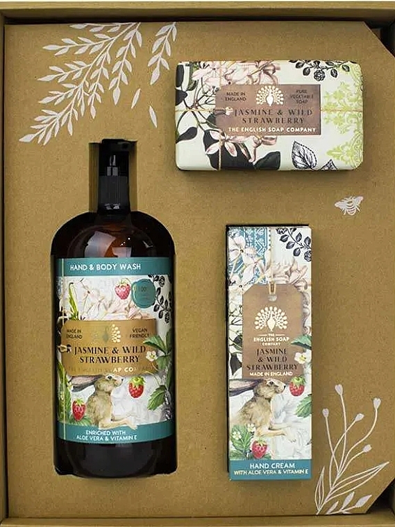 Набор - The English Soap Company Anniversary Collection Jasmine And Wild Strawberry Hand And Body Gift Box (soap/190g + h/cr/75ml + h/wash/500ml) — фото N2
