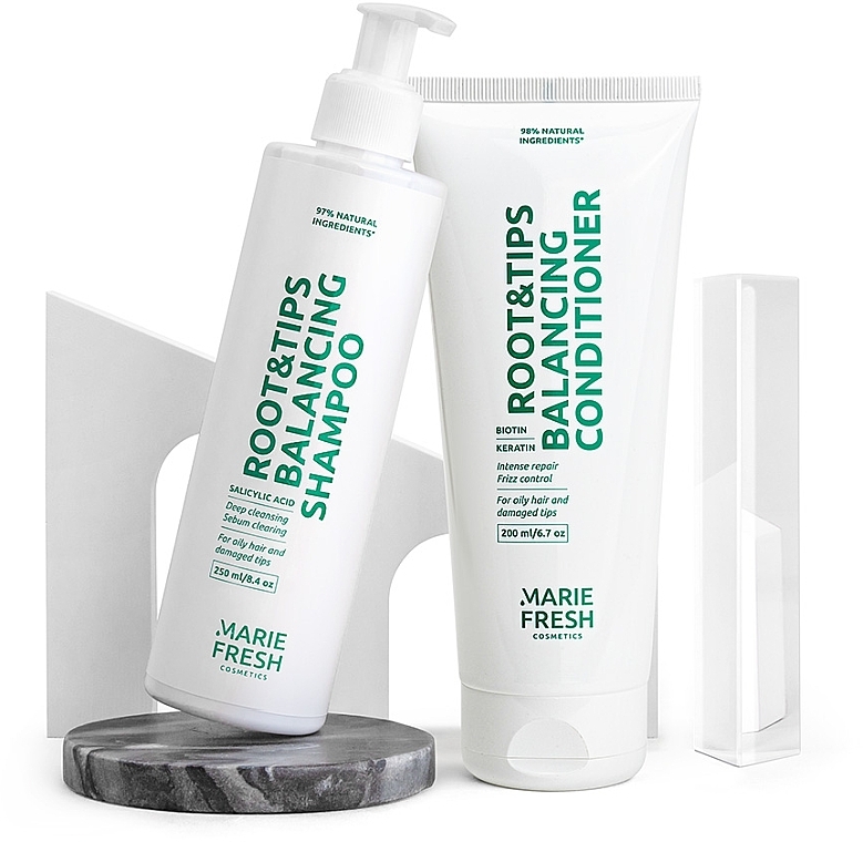 Набір шампунь + кондиціонер Root & Tips для жирних коренів та сухих кінчиків волосся - Marie Fresh Cosmetics (shmp/250ml + cond/200ml) — фото N1