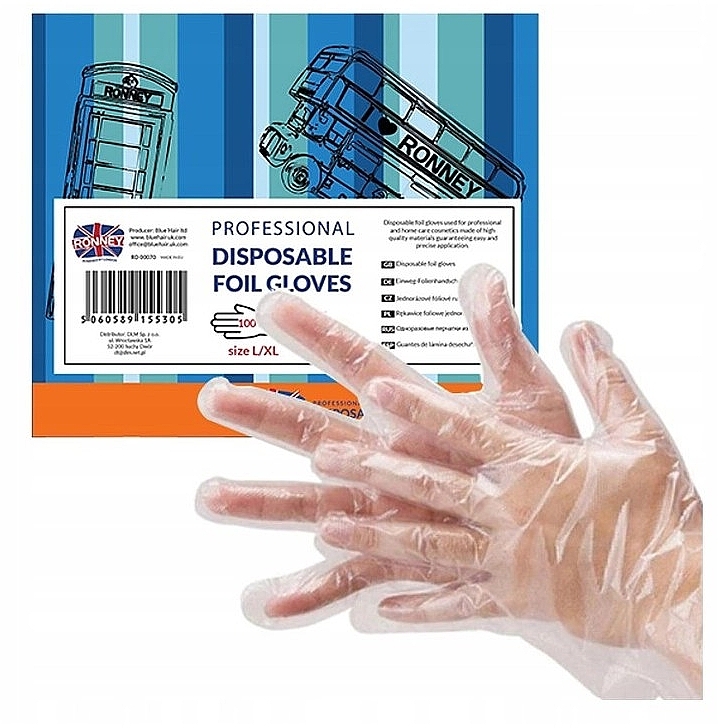 Одноразові рукавички, прозорі, розмір L/XL, 100 шт. - Ronney Professional Disposable Foil Gloves — фото N2