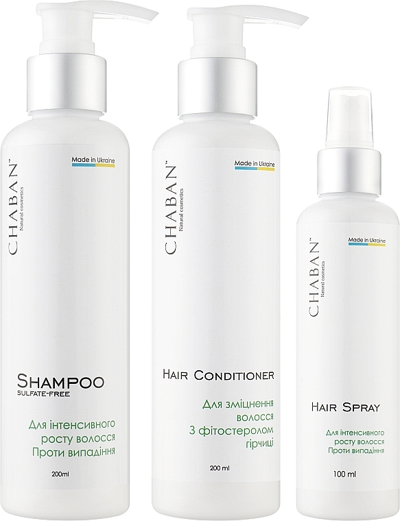 Комплекс для інтенсивного росту волосся. Проти випадіння - Chaban Natural Cosmetics (sh/200ml + spray/100ml + condit/hair/200ml) — фото N1