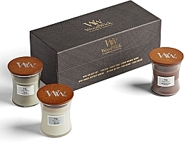 Набор - WoodWick 3 Mini Jar Set Fireside x White Teak x Sand & Driftwood (candle/3x85g) — фото N3