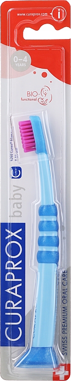 Зубна щітка дитяча CS Baby з гумованою ручкою (0-4), блакитна, рожева щетина - Curaprox
