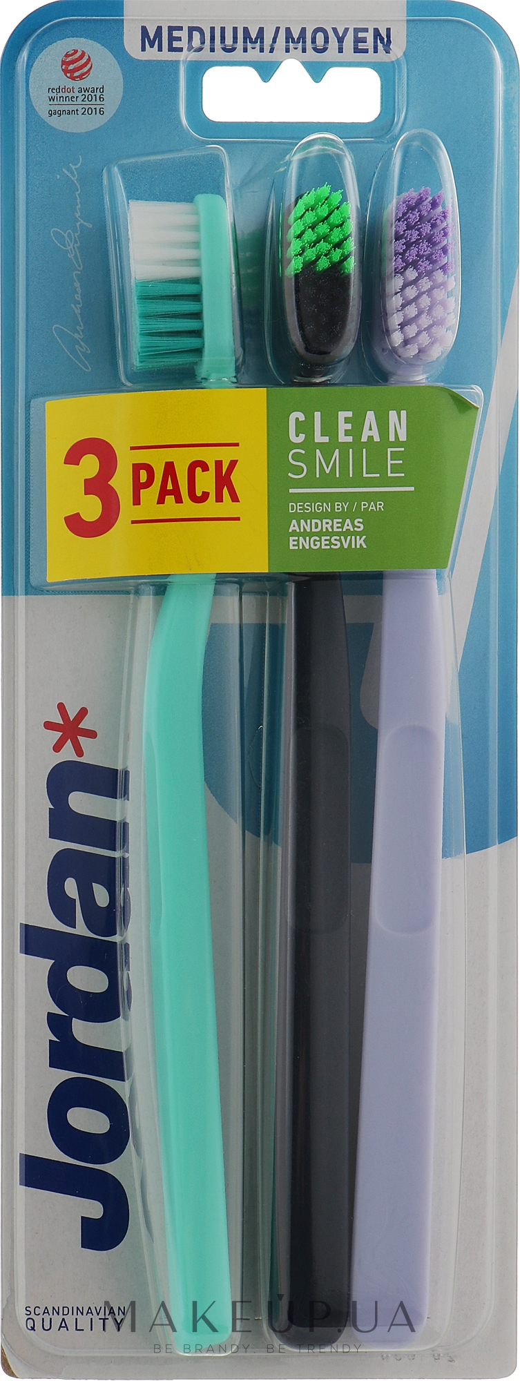 Зубная щетка, средняя, розовая + черная + белая - Jordan Clean Smile Medium — фото 3шт
