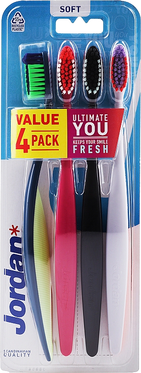 Зубная щетка мягкая, 4 шт, черно-зеленая + розовая + черная + светло-розовая - Jordan Ultimate You Soft Toothbrush — фото N1