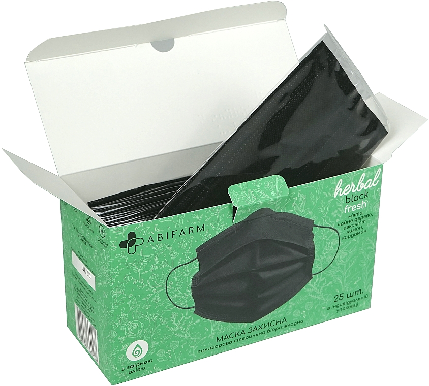 Защитная маска ароматическая, с эфирными маслами, 3-слойная, стерильная, черная - Abifarm Herbal Black Fresh — фото N2