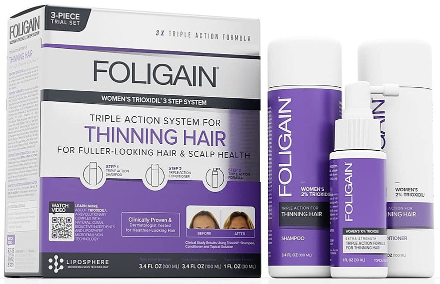 Набір - Foligain Triple Action Hair Care System For Women (shmp/100ml + cond/100ml + ser/30ml) — фото N1