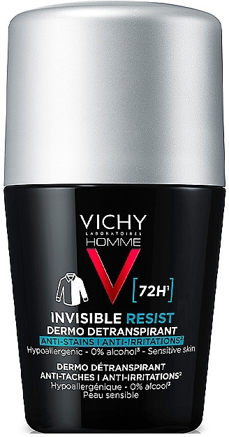 Шариковый дезодорант-антиперспирант для мужчин, 72 часа защиты от пота и запаха против желтых и белых пятен на одежде - Vichy Homme Deo Invisible Resist 72H — фото N1