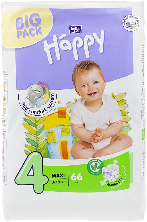 Детские подгузники "Happy" Maxi 4 (8-18 кг, 66 шт) - Bella Baby — фото N1