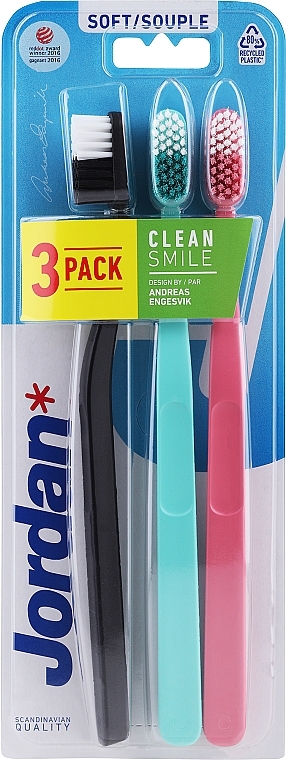 Зубна щітка м'яка, чорна + бірюзова + рожева - Jordan Clean Smile Soft — фото N1