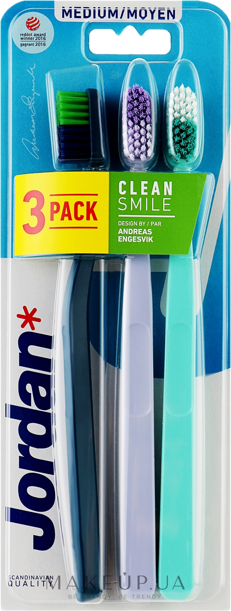 Зубная щетка, средняя, темно-синяя+бирюзовая+сиреневая - Jordan Clean Smile Medium — фото 3шт