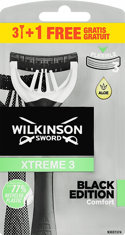 Одноразовые станки, 3 + 1 шт. - Wilkinson Sword Xtreme 3 Black Edition — фото N1