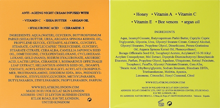 Набор - Eclat Skin London Bee Venom + Manuka Honey + Vitamin C + Shea Butter Night Moisturiser (cr/2x50ml) — фото N2
