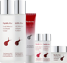 Духи, Парфюмерия, косметика УЦЕНКА Набор - FarmStay Snail Mucus Moisture Skin Care (f/ton/150ml + f/emul/150ml + f/cr/50ml + eye/cr/40ml + f/ton/30ml + f/emul/30ml) *