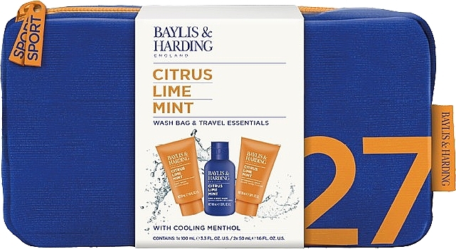 Набор - Baylis & Harding Citrus Lime & Mint Men's Wash Bag & Travel Essentials Gift Set (shm/100ml + f/wash/50ml + ash/balm/50ml + bag/1pc) — фото N1