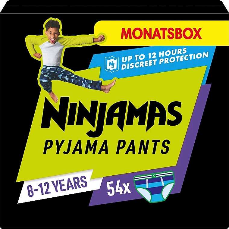 Підгузки-трусики Ninjamas Pyjama Boy Pants, 8-12 років (27-43 кг), 54 шт. - Pampers — фото N1