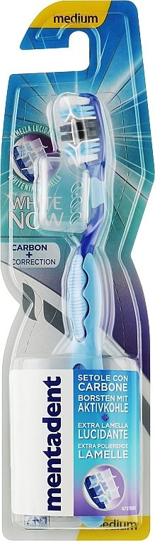 Зубна щітка середньої жорсткості, блакитна - Mentadent White Now Carbon + Correction — фото N1